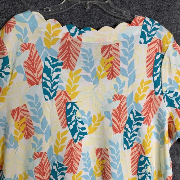 Kim Rogers Knit Top Plus Sz 2X Short Sleeve Tropical Leaf Pattern Scalloped Neck - Picture 6 of 10